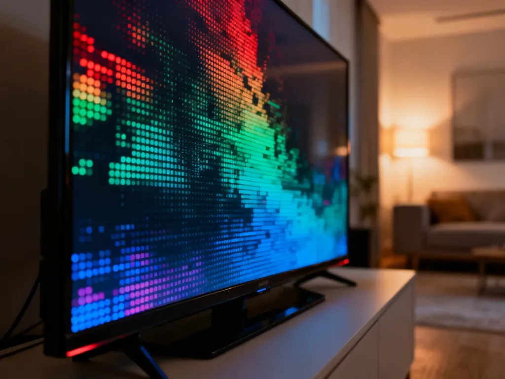 Zbliżenie na ekran nowoczesnego telewizora wyświetlający żywe kolory i głęboką czerń, podkreślające wysoką jakość obrazu.