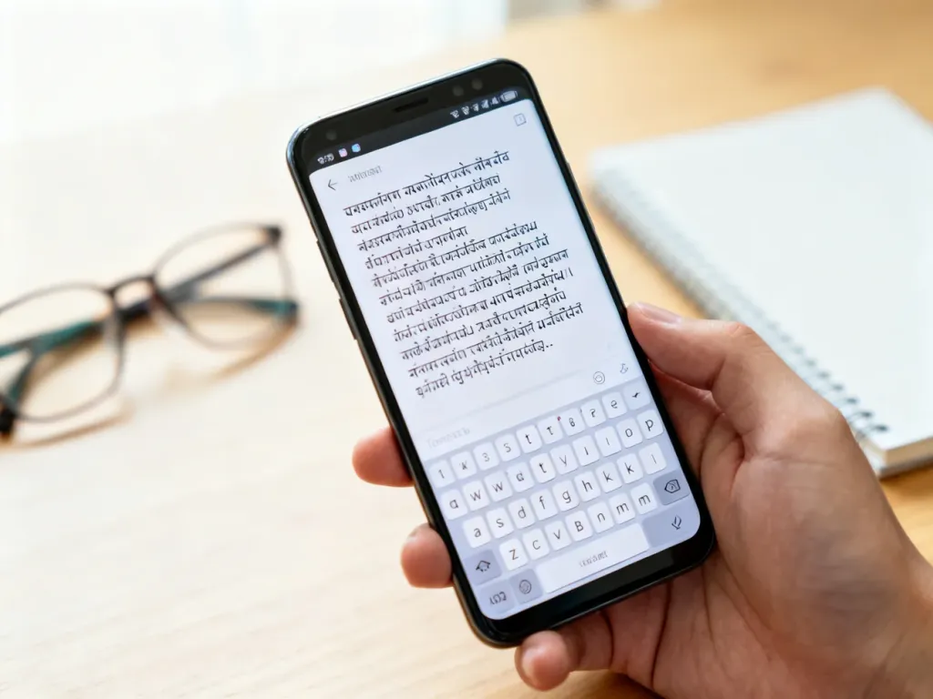 Smartfon z włączoną funkcją tłumaczenia tekstu na żywo, trzymany w dłoni przy biurku.