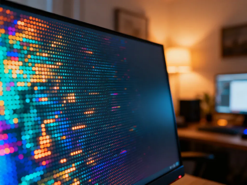 Zbliżenie na piksele nowoczesnego monitora, ukazujące strukturę subpikseli RGB w wysokiej rozdzielczości.
