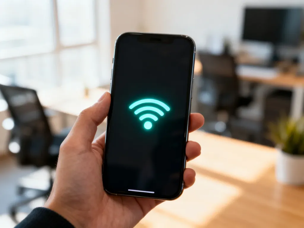 Smartfon trzymany w dłoni z wyraźną ikoną zasięgu sieci na ekranie, symbolizującą dostępność usług Premium Mobile.