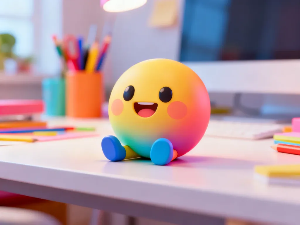 Kolorowa postać emoji w stylu 3D siedząca na biurku, ilustrująca kreatywny proces tworzenia własnych emotikonów.