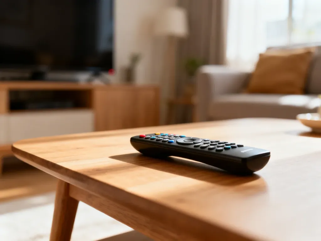 Pilot do telewizora LG leżący na drewnianym stoliku, ilustrujący proces zmiany ustawień dźwięku i lektora.