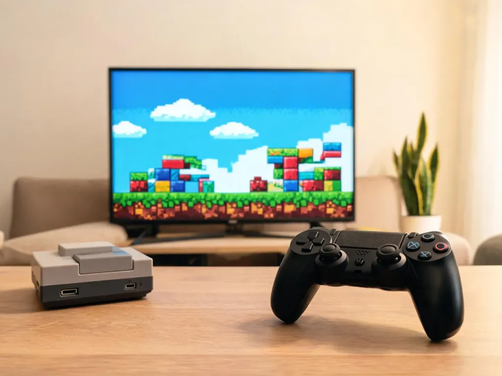Nowoczesny telewizor z uruchomioną kolorową grą 8-bit i retro konsolą, pokazujący współczesne granie w klasyki