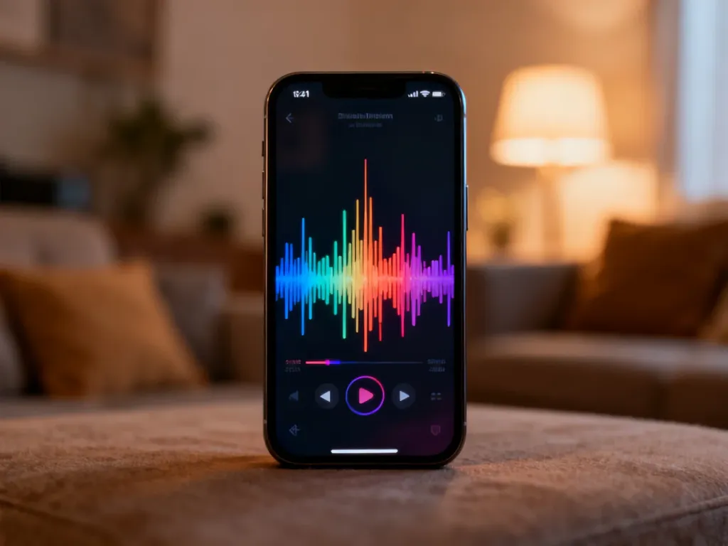 Smartfon z interfejsem odtwarzacza muzyki i kolorowymi falami dźwiękowymi w przytulnym, domowym wnętrzu.