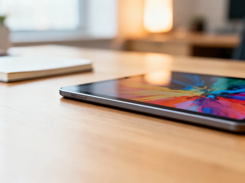 Nowoczesny tablet z kolorowym ekranem spoczywający na drewnianym biurku, podkreślający smukły design urządzenia.