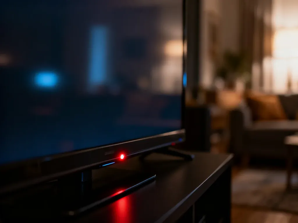 Ciemny ekran telewizora z wyraźnie świecącą czerwoną diodą trybu czuwania w przytulnym salonie.